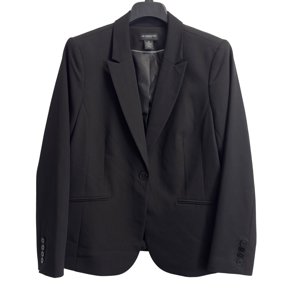 Liz Claiborne Career Black Single Button Blazer Suit Jacket Womens 14 Pockets